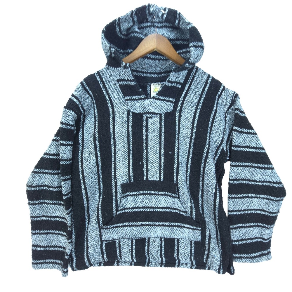 Vintage Sunspecs Baja Hoodie Mens Large Black White Stripe Grunge Surf Mexican